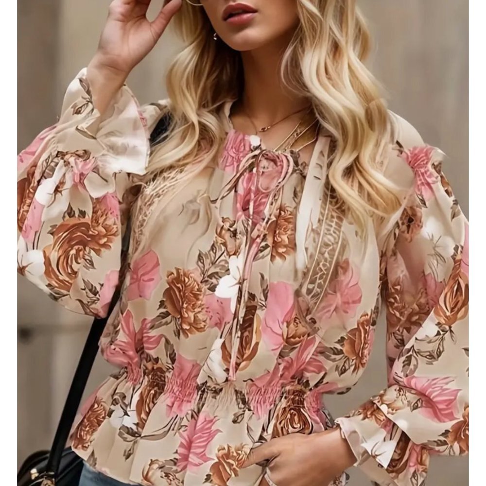 Beige Floral Printed Off Shoulder Ruffle Babydoll Top Bishop Sleeve Blouse Top‎